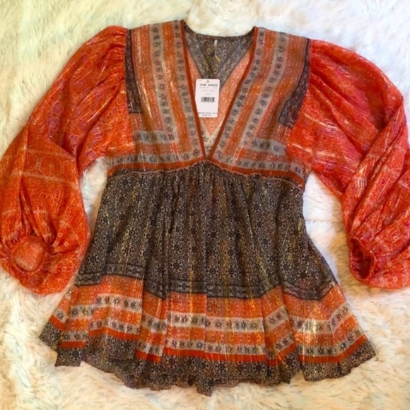 Free People Boho Tunic Mini Dress Orange Black Gold V-Neck Balloon Sleeve Size L - Picture 11 of 11